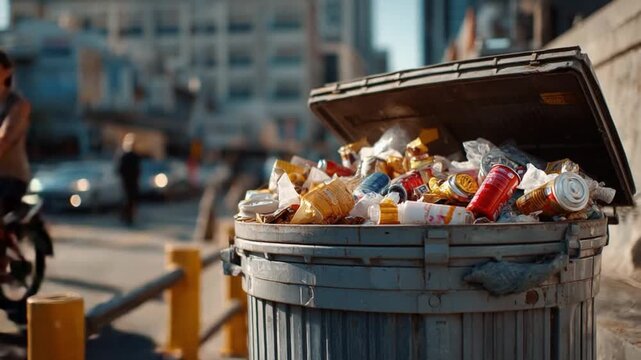 Overflowing Trash Can on City Street: An overstuffed public trash bin spills its contents onto the sidewalk, a stark symbol of urban waste and environmental concern.