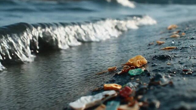 Pollution on the Shoreline: Waves lap at a polluted beach littered with plastic waste, highlighting the environmental impact of human activity on marine ecosystems.