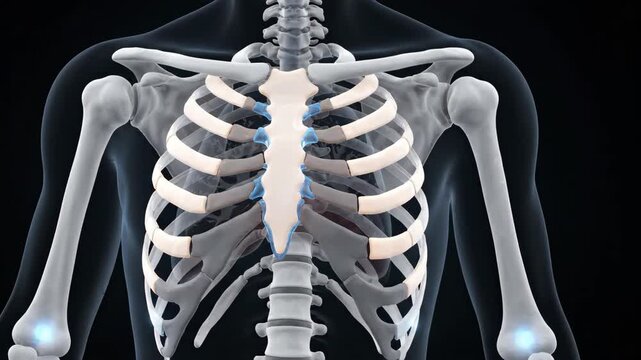 close-up 3D medical illustration highlighting the human rib cage and sternum with glowing bone segments set against dark featureless background to emphasize the skeletal structure
