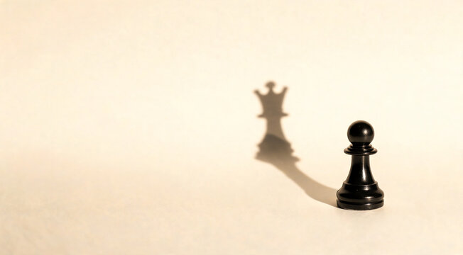 Black chess pawn casting a queen shadow on a neutral background