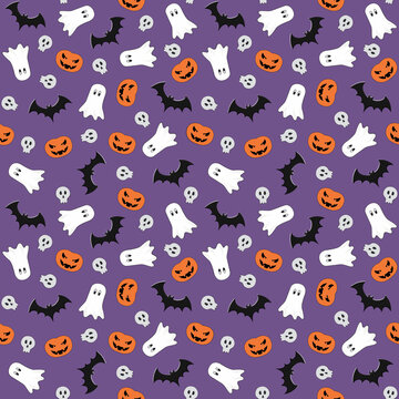Halloween seamless pattern with ghosts bats pumpkins and skulls