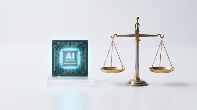 AI chip and balance scale representing artificial intelligence ethics and legal balance concept for technology and justice isolated on white background