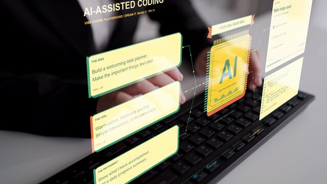 A person types on a keyboard. Conversational prototyping brings a task management idea into a software workspace, connecting human instructions with AI code generation and interface review