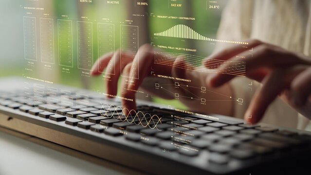 Hands type on a keyboard. Infrastructure operations track thermal conditions, airflow and workload distribution, linking data center capacity with power use and service continuity
