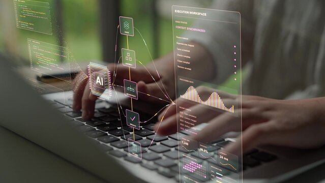 Hands type on a laptop. Source code passes through an AI context engine that parses, assembles and validates software, connecting implementation inputs with monitored execution