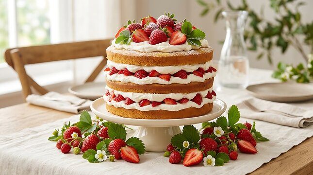 A delicious shortcake strawberry cake layered with cream and fresh berries on a rustic wooden dining table.
