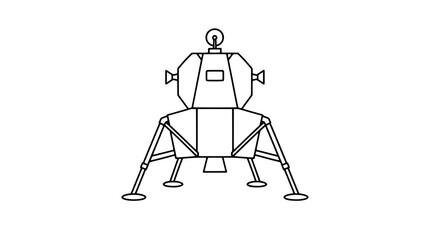 Simple line art vector icon of a lunar lander spacecraft module with four spidery landing legs, circular feet, small porthole window, and communication antenna on top, isolated on white background © Hannah