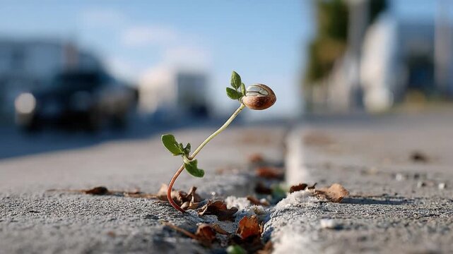 Resilience Blooms: A solitary sprout pushes through a concrete crack on a street, symbolizing hope and the enduring power of nature against urban harshness.