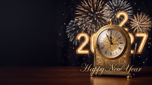 Gold clock at midnight with 2027 neon sign and fireworks for New Year celebration background