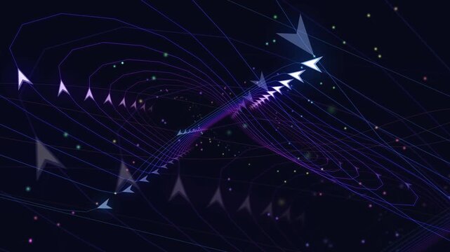 Abstract Digital Arrows Following Curving Lines Through Dark Space with Stars