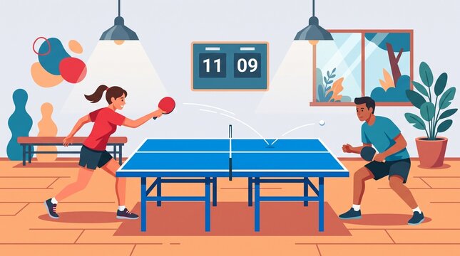 Two friends playing table tennis in recreation room