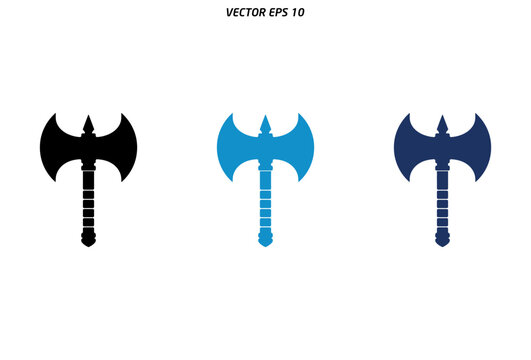 Medieval double headed battle axe icons in black and blue colors.