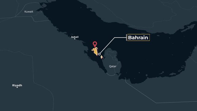 Animated map of Bahrain highlighting the country in the Middle East, Clean dark theme animated locator map highlighting Bahrain in the Middle East for geography, education, travel, documentary and geo