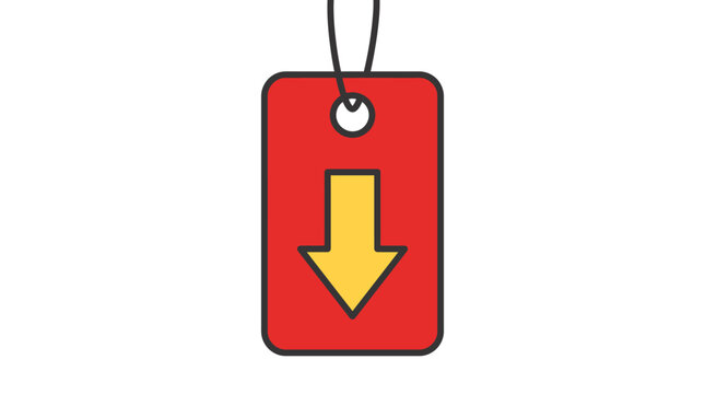 Red price tag icon with yellow downward arrow for discount