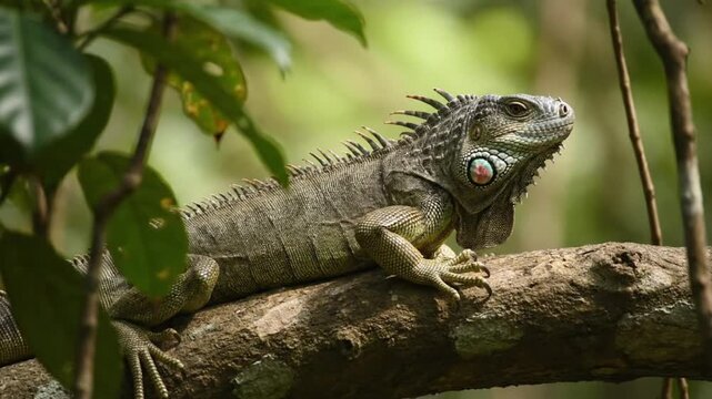 Green iguana resting on a branch in its natural tropical forest habitat in wildlife