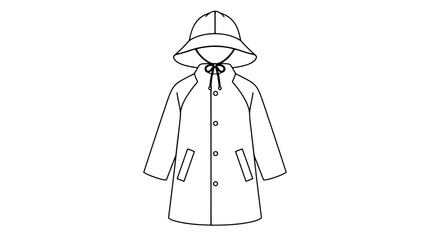 Hand drawn vector illustration icon of classic oiled cotton rain souwester hat with chin tie and waterproof buttoned raincoat with raglan sleeves and welt pockets isolated on white background © Courtney