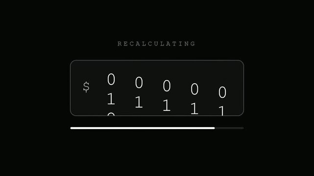 Displaying dynamic pricing metrics on a dark digital interface screen while a progress bar moves smoothly across three sequential panels in a modern software simulation