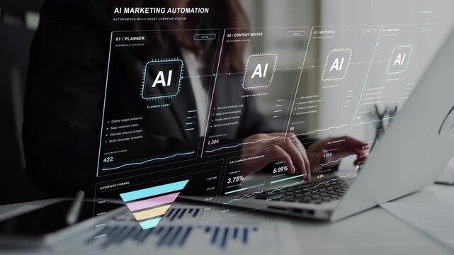 A woman works on a laptop. An agentic marketing workflow links audience strategy and copy generation with experiment results, using performance evidence to guide campaign decisions.