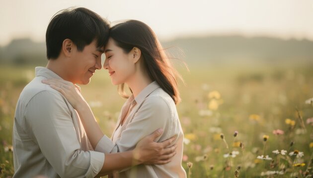Tender Embrace: A loving couple shares a gentle embrace amidst a sun-drenched meadow filled with wildflowers, their foreheads touching in a moment of pure connection and affection.