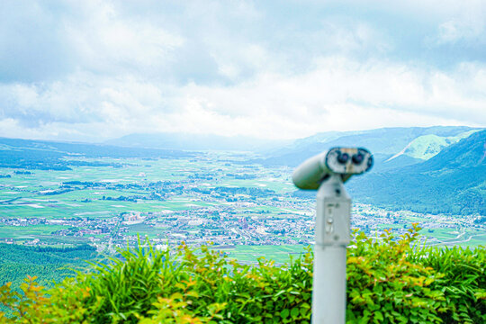 Observation binoculars overlooking Aso caldera from Daikanbo, Kumamoto, Japan