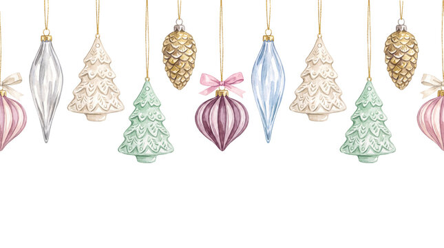 Watercolor Christmas ornaments seamless border with pastel colors and ribbons