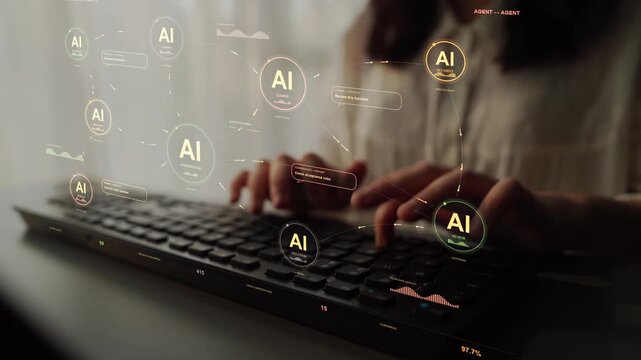 Hands type on a keyboard. An AI agent network combines discussion, shared memory and consensus, illustrating how separate reasoning processes can contribute to collaborative problem solving.
