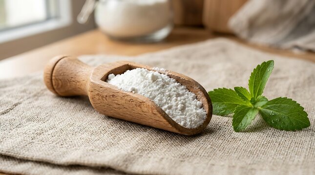 Sea salt in a small wooden scoop with fresh green mint leaves on a rustic stone table. stevia powder