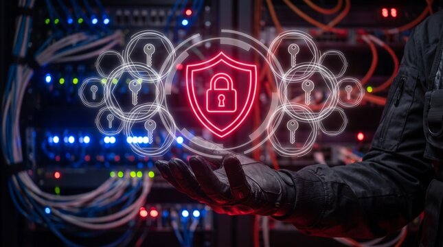 Cybersecurity expert holding a digital shield and key icons in front of a server room