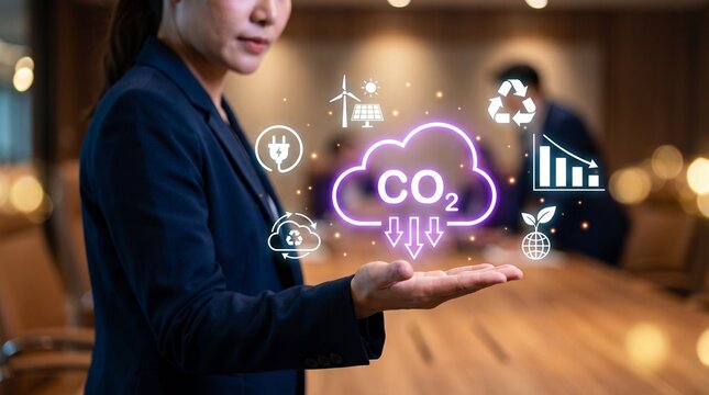 Businesswoman holding a glowing co2 cloud icon representing carbon reduction and sustainable energy solutions in an office