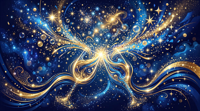 Happy New Year Champagne Toast Celebration with Golden Glitter on Blue Bokeh Background