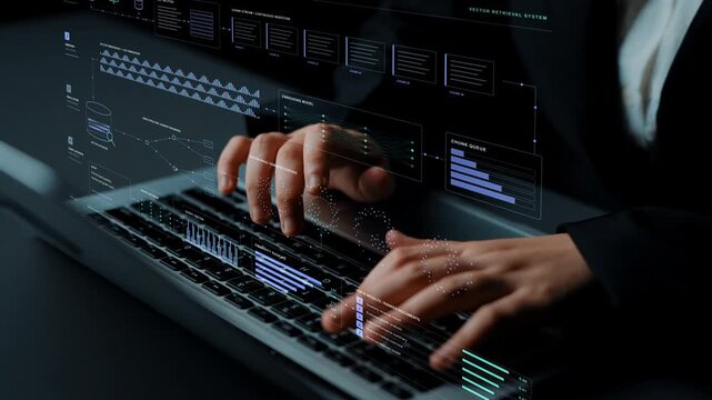 Hands type on a laptop. Document chunks and query embeddings meet in a semantic retrieval process, connecting similarity search and ranking with the selection of relevant knowledge.