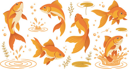 Obraz premium Goldfish and Pond Life Vector Illustration Set with Orange Aquarium Fish Swimming Jumping Splashing Water Drops Seaweed and Lily Pads Icons