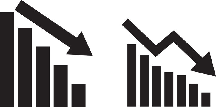 Financial Crisis and Decreasing Bar Chart Vector Set with Downward Arrow Symbols Indicating Economic Recession Market Crash Business Deficit and Revenue Loss