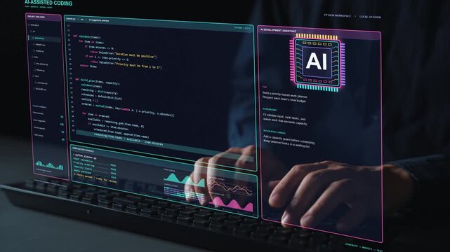 AI specialist works at a keyboard. Code suggestions and automated checks support the development of a task planner, illustrating collaboration between human requirements and AI assistance.