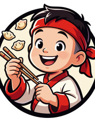 Fototapeta premium Cheerful Boy Holding Chopsticks with Smiling Dumplings