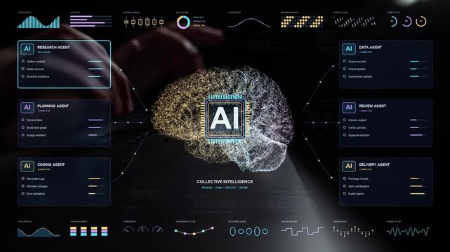 Work continues on a laptop. A central AI coordinator connects research, planning, coding and review agents, organizing specialized contributions into a shared delivery workflow.