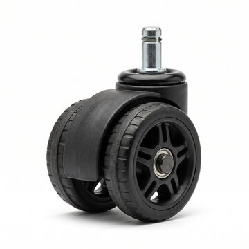 Black swivel caster wheel for office chairs, replacement furniture roller with twin wheels, industrial hardware component on white background