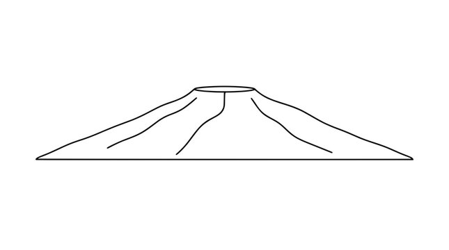 Shield Volcano Vector Icon - Hand Traced Line Drawing of Broad Gently Sloping Basalt Sides with Central Crater Caldera, Simple Minimalist Mountain Outline Illustration -
