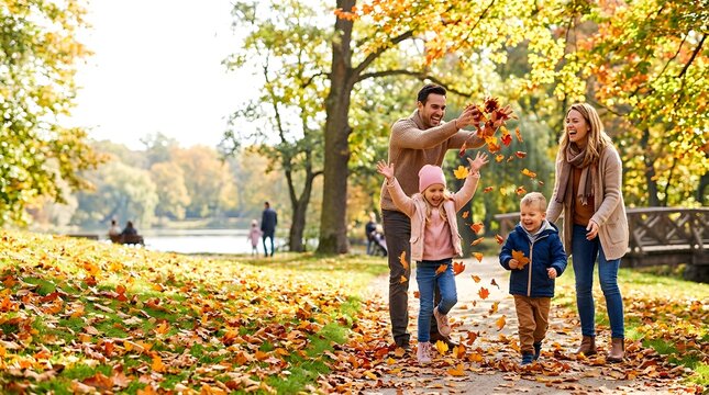 Happy family having fun throwing autumn leaves in park during vacation