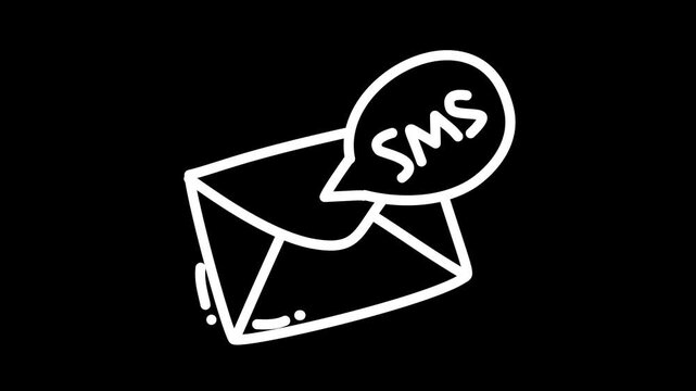 White line art envelope on black background in doodle style, with text bubble sms icon. Suitable for communication or stationery concepts.