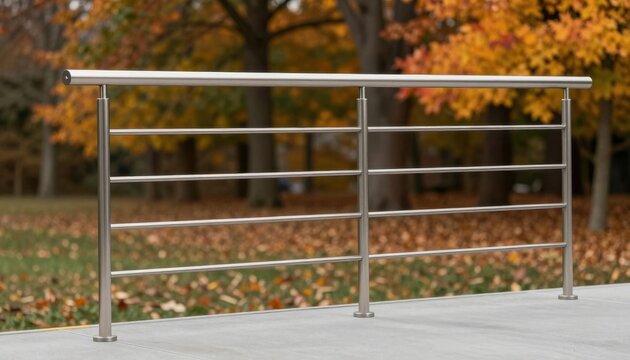 Closeup of Modern Metal Railing with Horizontal Bars in Outdoor Autumn Setting