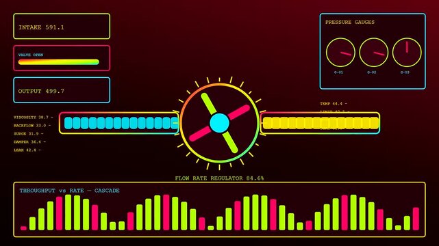 Display of dynamic pricing software modules showing fluid data streams and numerical fluctuations in a digital interface dashboard featuring neon graphics on a dark crimson background