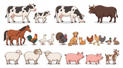 Obraz premium A charming vector collection of friendly farm animals featuring cows, a horse, sheep, pigs, poultry, and pets nicely arranged on a clean white background. 