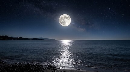 Fototapeta premium Complete Moonlit Seascape Over Calm Ocean Under Bright Moon