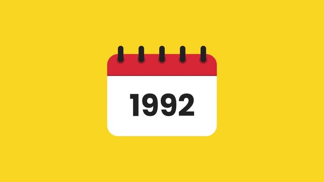 1992 Retro Year Calendar Motion Graphic Featuring a Bright Yellow Page White Date Panel and Red Spiral Binding Prores Alpha 4K 60 fps Looping