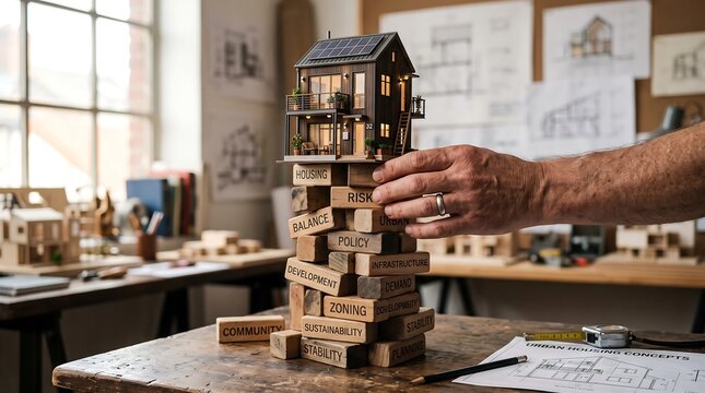 Focused Hands Stacking Model House on Wooden Blocks in Architecture Studio