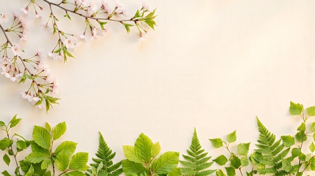 Spring nature frame with delicate cherry blossom flowers and vibrant green leaves on beige paper