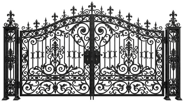 Ornate wrought iron gate with gothic fleur-de-lis details, vintage black metal driveway gates, classic victorian entrance fence isolated on white