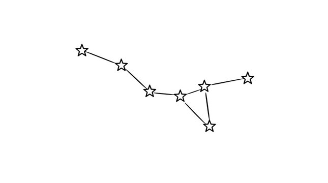 Hand-traced minimalist vector icon illustration of Ursa Major constellation with seven connected stars forming the Big Dipper and Great Bear asterism on isolated white background for astronomy design