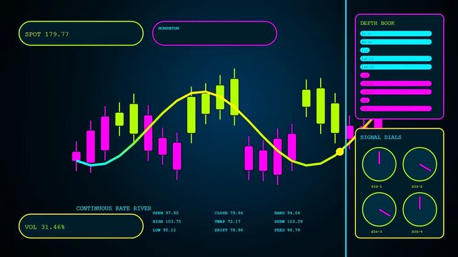 A digital dynamic pricing dashboard with glowing candlestick charts fluctuating in real time across three separate user interface panels showing shifting market trends and financial data activity